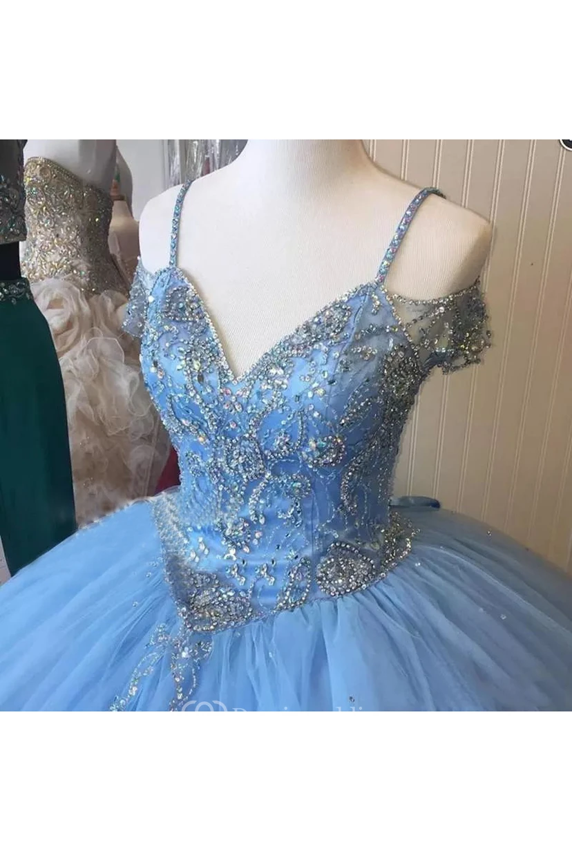 Ball Gown Off-the-shoulder Cap Sleeve Beaded Tulle Dress view 3