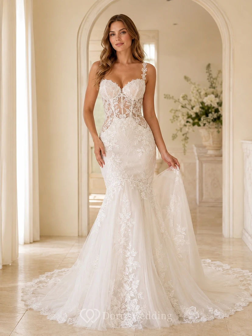 Robe de mariée sirène élégante en dentelle botanique à bretelles plongeantes et traîne chapelle