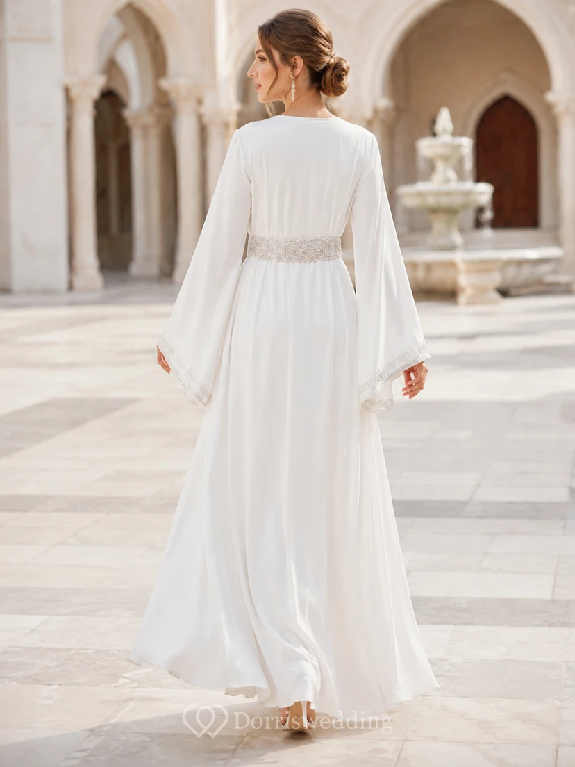 Modern Bridal Caftan Two Piece Jumpsuit Jewel Neck Long Cape Sleeve Wedding Outfit view 2