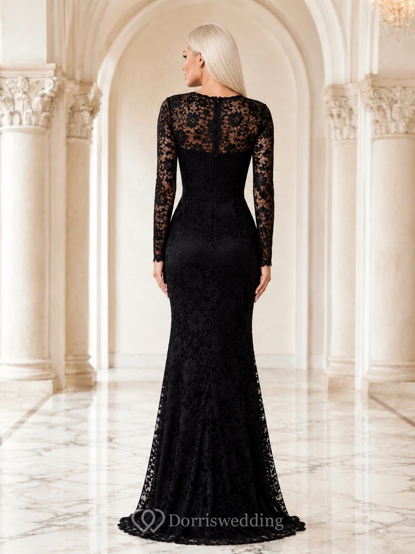 Schwarzes, hochgeschlossenes Meerjungfrauen-Abendkleid aus Spitze mit langen Ärmeln view 2