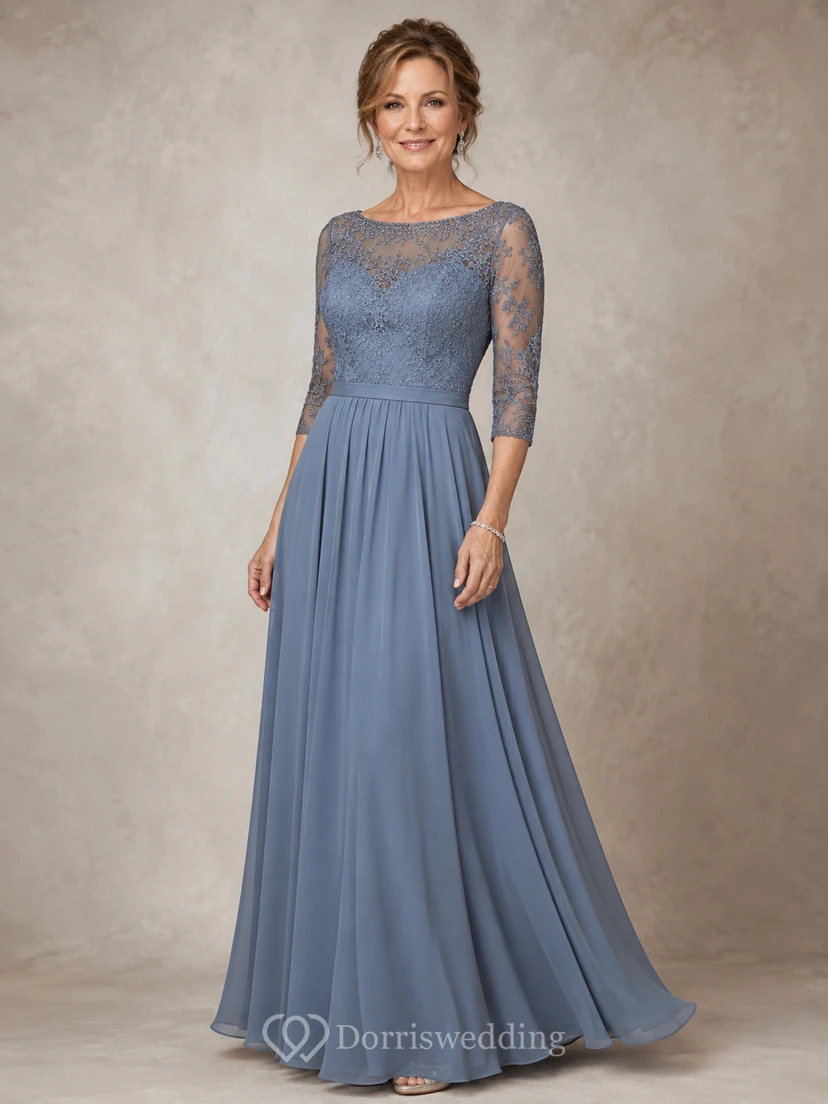 A-Linien-Kleid aus Chiffon mit U-Boot-Ausschnitt, 3/4-Ärmeln und Spitze