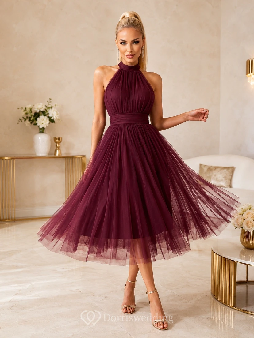 Burgundy Halter High Neck Pleated Tea-Length A-Line Elegant Bridesmaid Dress