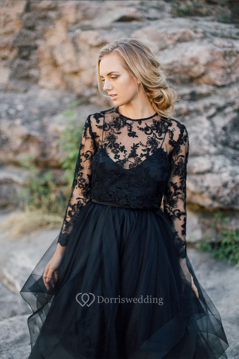 A-Line Black Tea Length Wedding Dress Scoop Long Sleeve Button Illusion Back With Appliques Lace Pleats Sash/Ribbon
