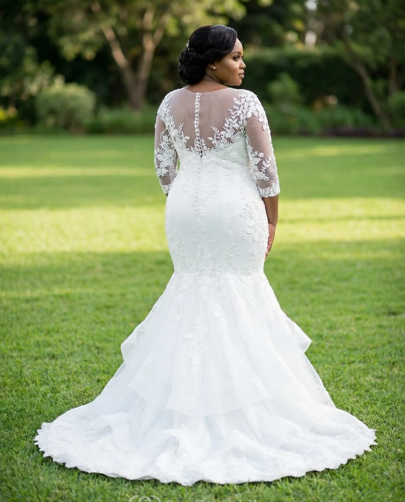 Sheer 3/4 Sleeve Plus Size Mermaid Bridal Gown view 2