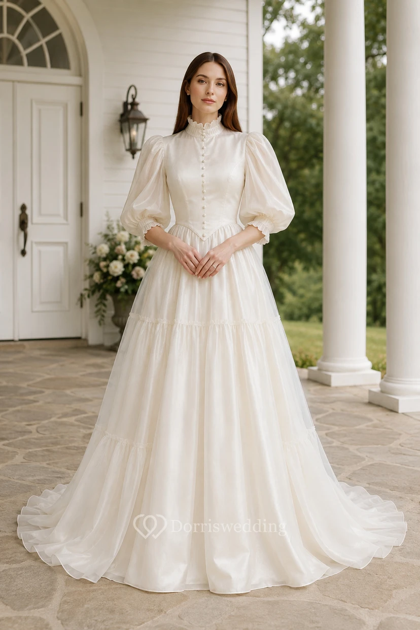 Modest High Neck Long Sleeve A-Line Wedding Dress