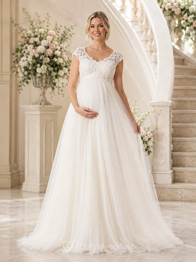 Maternity Lace Cap Sleeve Pleated A-Line Floor-length Wedding Gown