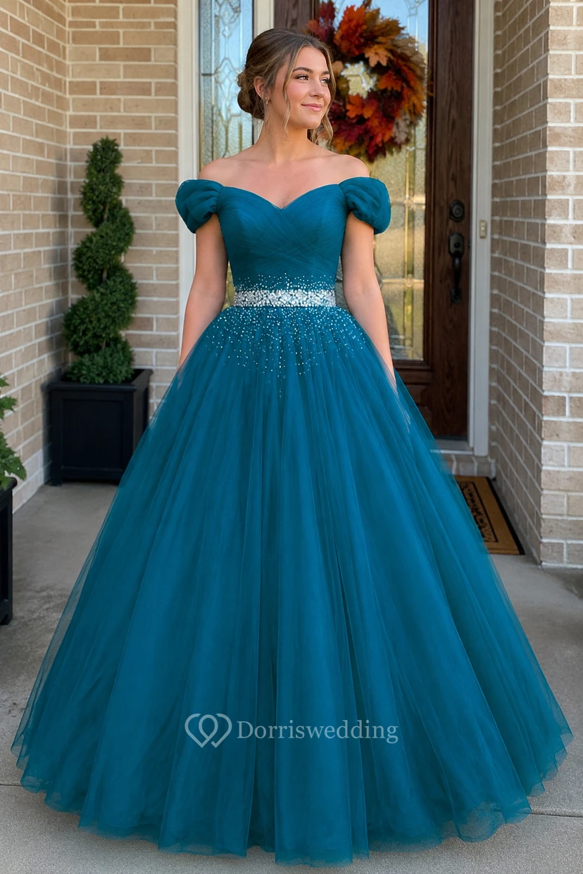 Ball Gown Maxi Off-The-Shoulder Sleeveless Bell Pleats Beading Corset Back Tulle Lace Dress view 10