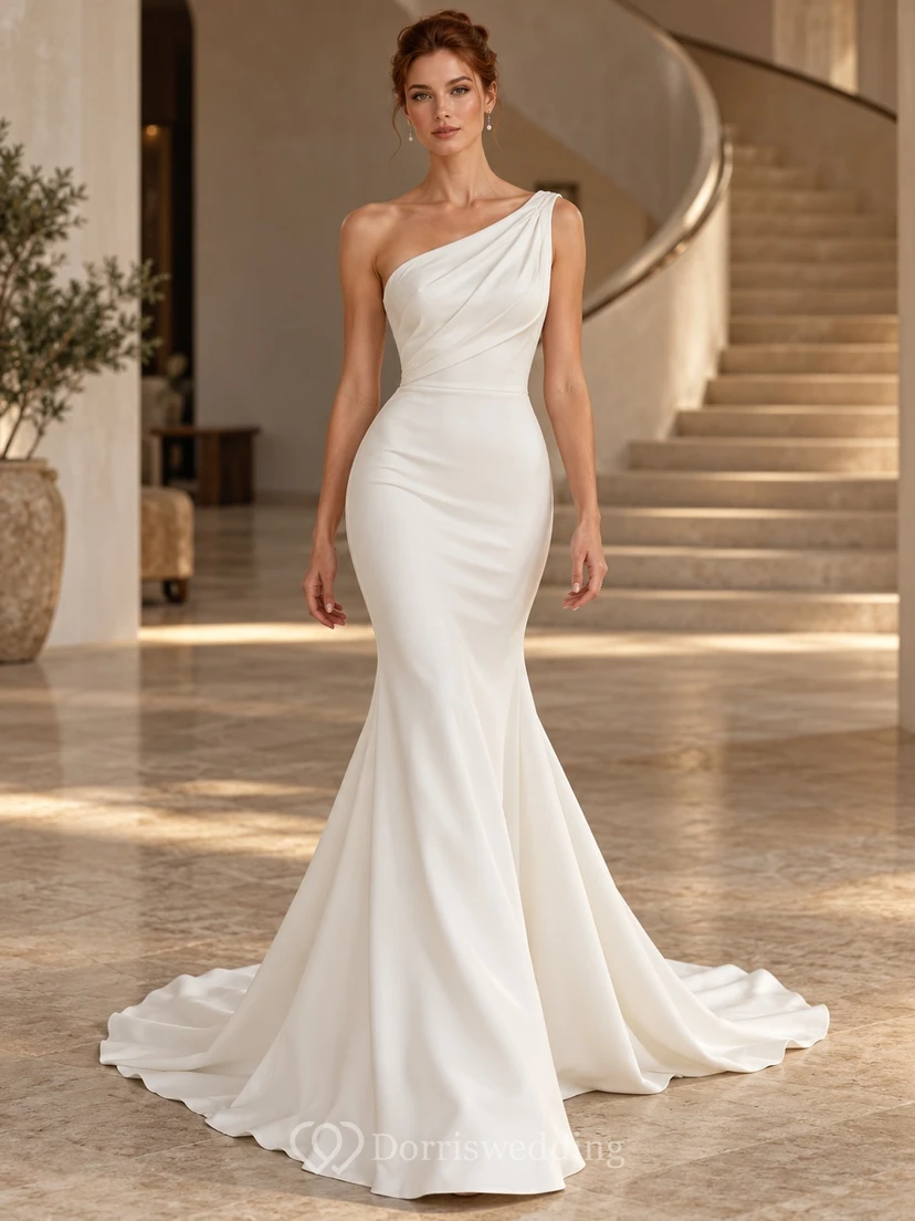 Simple One-Shoulder Fitted Mermaid Plain Sweep Train Bridal Wedding Dress