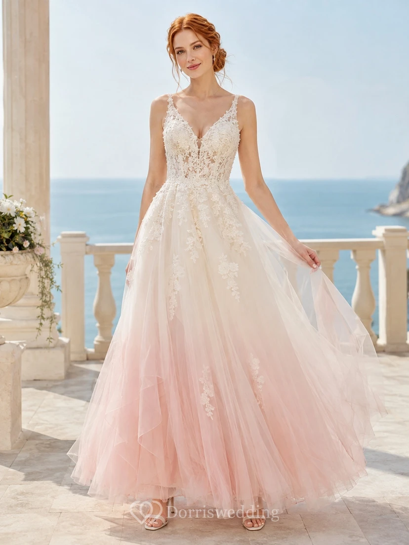 Ärmelloses, bodenlanges Brautkleid in A-Linie aus Tüll mit V-Ausschnitt und Ombré-Rosa