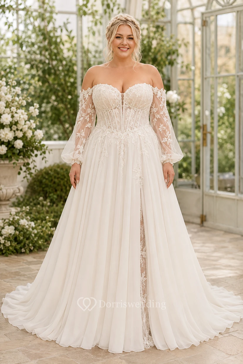 Plus Size schulterfreies, langärmeliges A-Linien-Brautkleid aus Spitze mit Schlitz