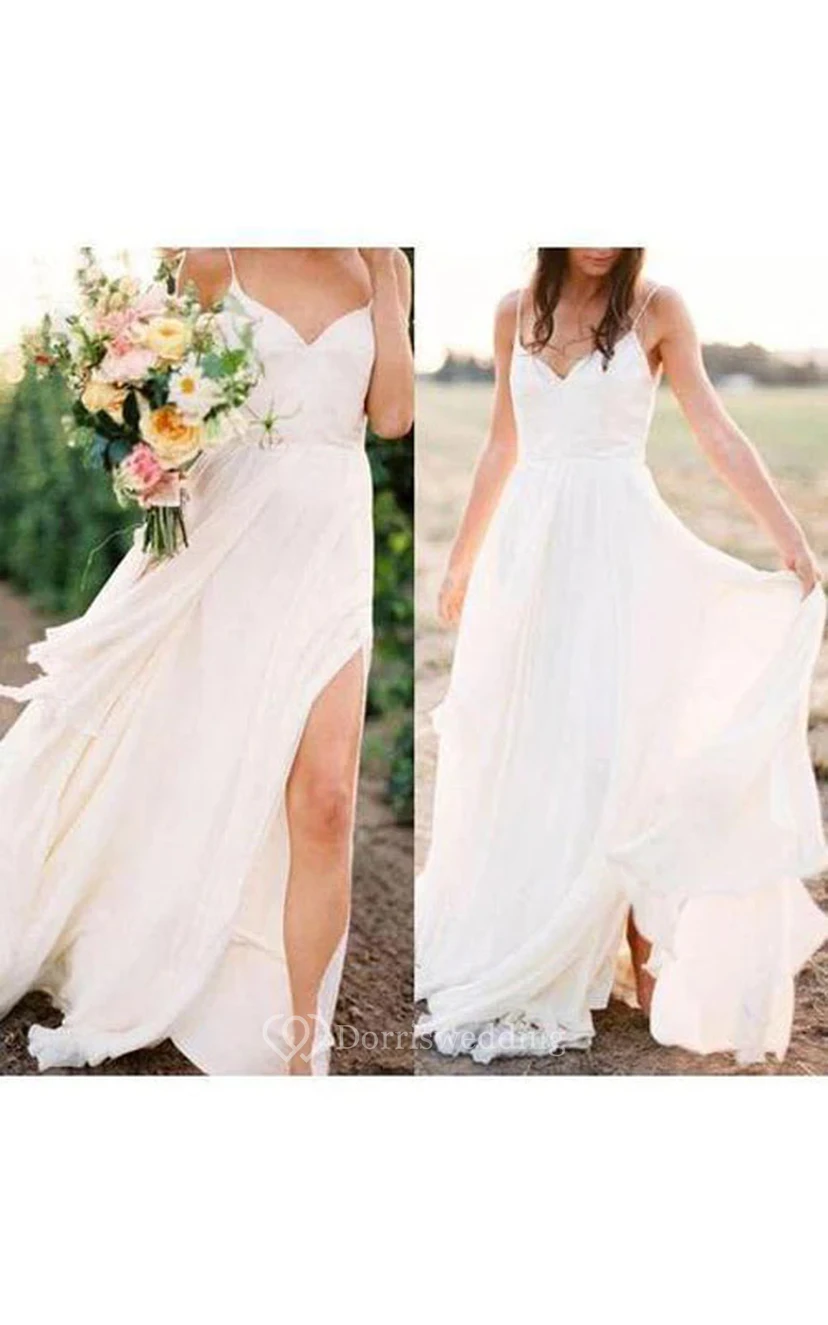 Robe de mariée d'été sexy en mousseline de soie fendue sur le devant, style empire, avec fente spaghetti et robe empire. view 3