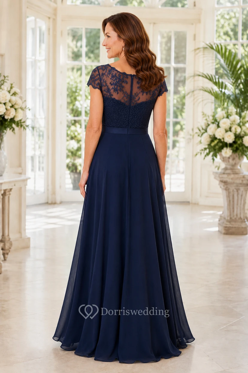 Dunkelblaues Chiffon-Kleid mit Spitzenoberteil und A-Linien-Design für Mütter view 2
