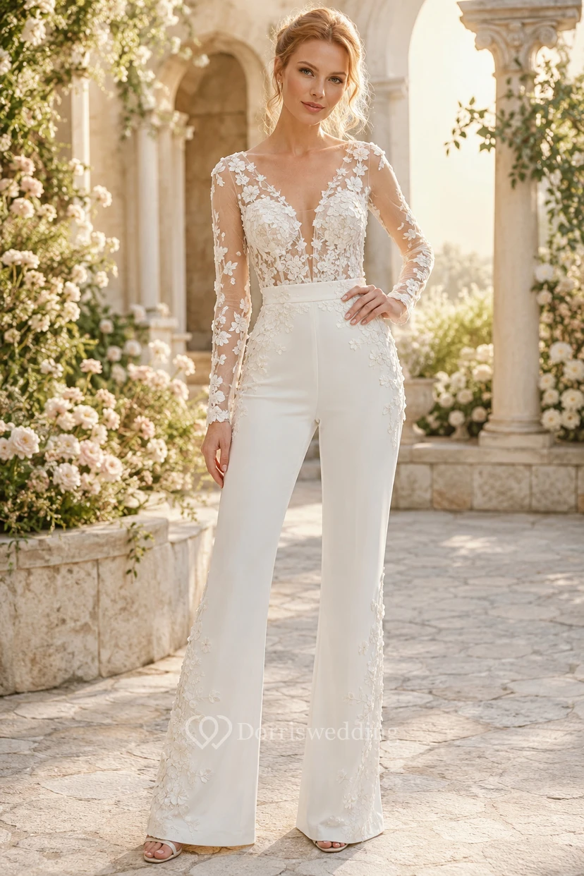 Combinaison de mariée blanche à manches longues en dentelle florale