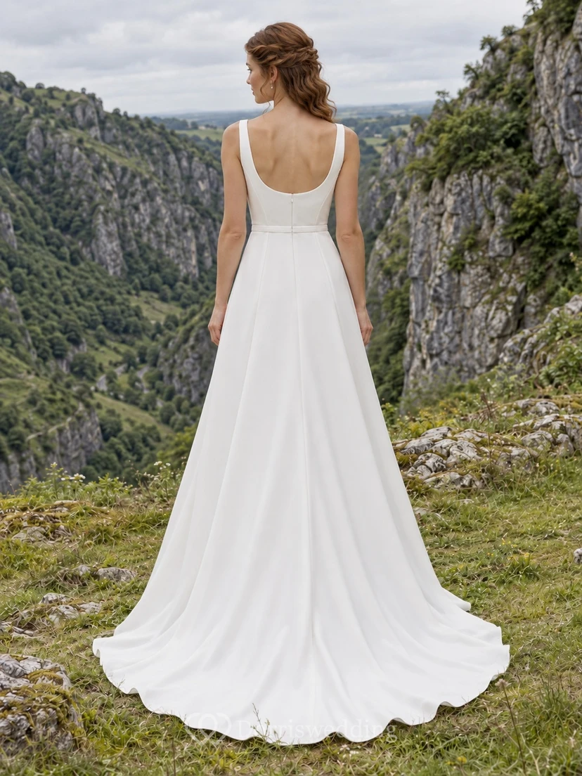 Elegante y sencillo vestido de novia de corte A, escote en V, sin mangas, largo hasta el suelo, con corpiño fruncido. view 2
