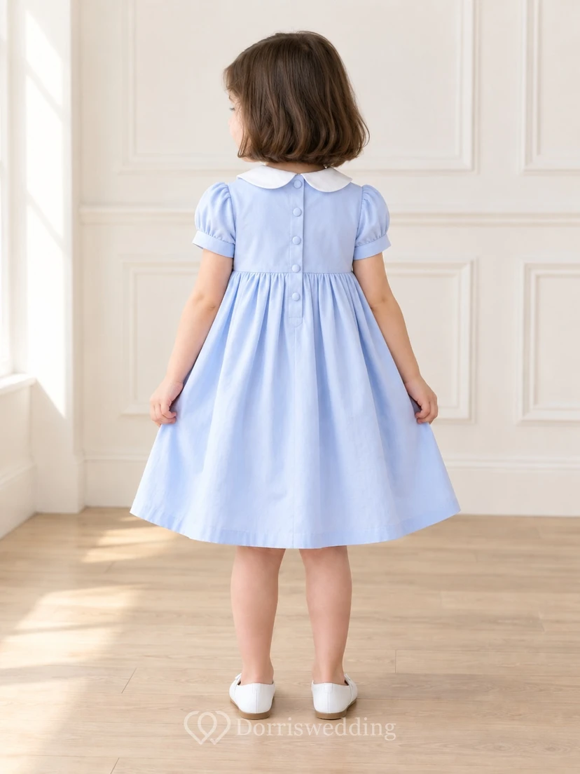 Modest Sky Blue Knee Length Small Diamond Smocked White Collar Full Flower Girl Dress view 2