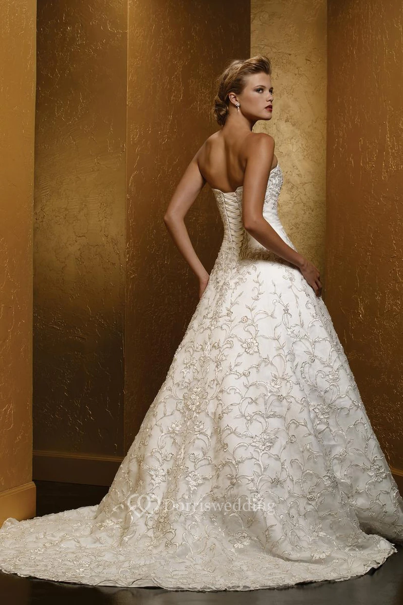 A-Line Sweetheart Long Satin Wedding Dress With Embroidery And Corset Back view 2