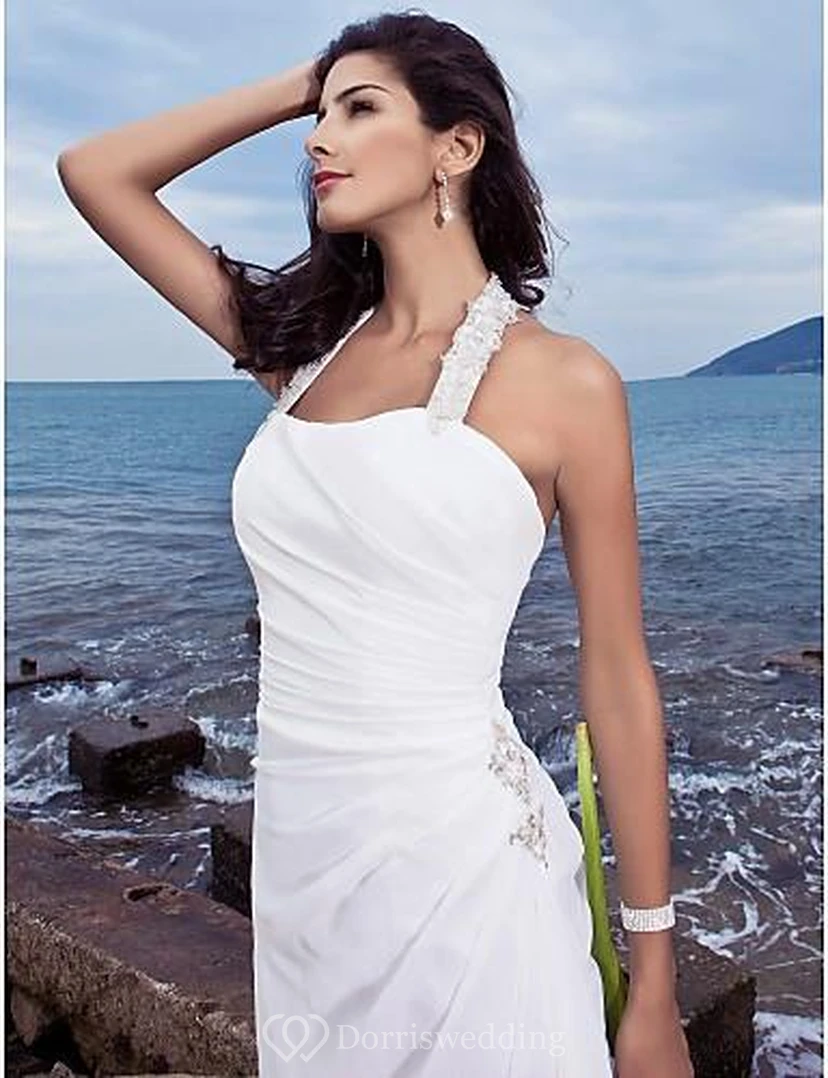 sheath Halter Court Train Chiffon Beach Wedding Dress view 6