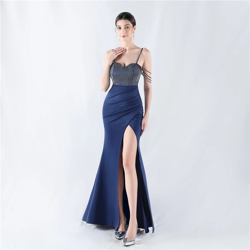 Hot Diamond Beaded High-Slit Satin Sexy Sling Evening Dress view 51