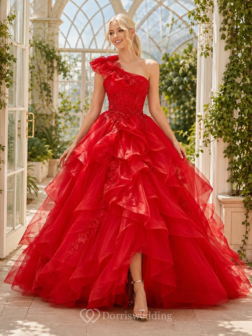 Red Tulle One-Shoulder Ruffled Tiered Quinceanera Ball Gown
