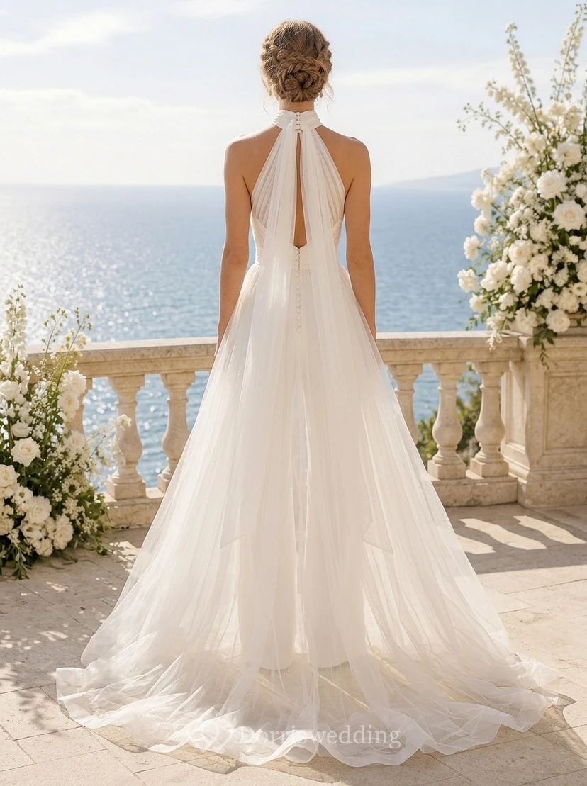 Elfenbeinfarbener Neckholder-Hochzeitsjumpsuit mit fließendem Tüllüberrock view 2