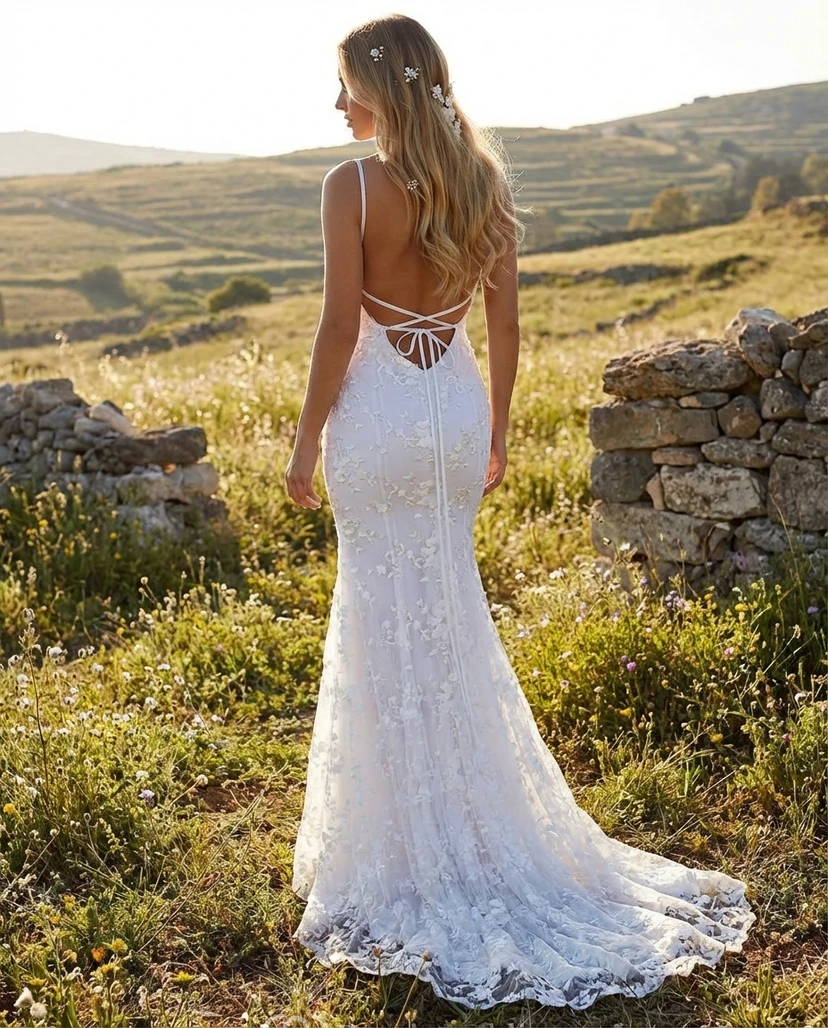 Boho Lace Wedding Dress Mermaid V-Neck Spaghetti Strap Bridal Gown with Lace Up Back view 2