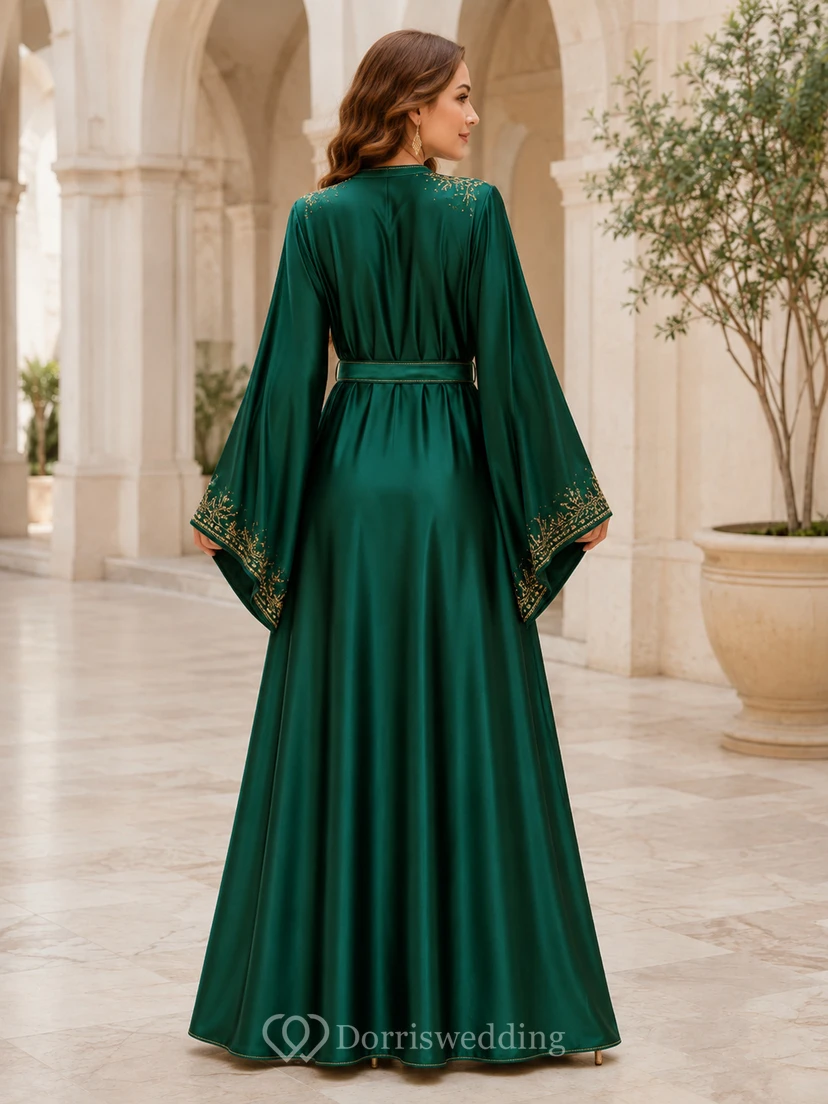 Emerald Satin Abaya A Line Floor Length V Neck Embroidered Bell Sleeve Dress view 2