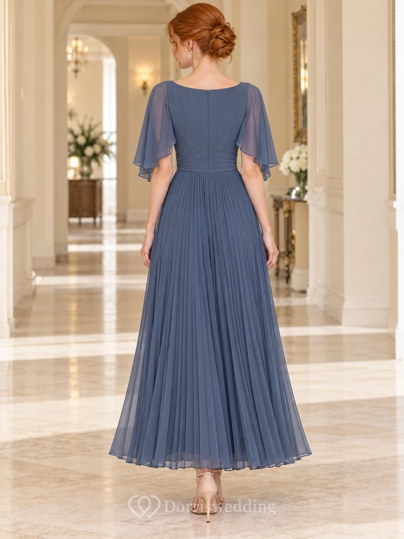 Slate Blue Modest Bateau Cape Sleeve Pleated Long Guest Dress view 2
