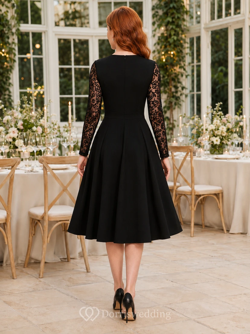Black V Neck Lace Sleeve Fit And Flare Dinner Dress view 2