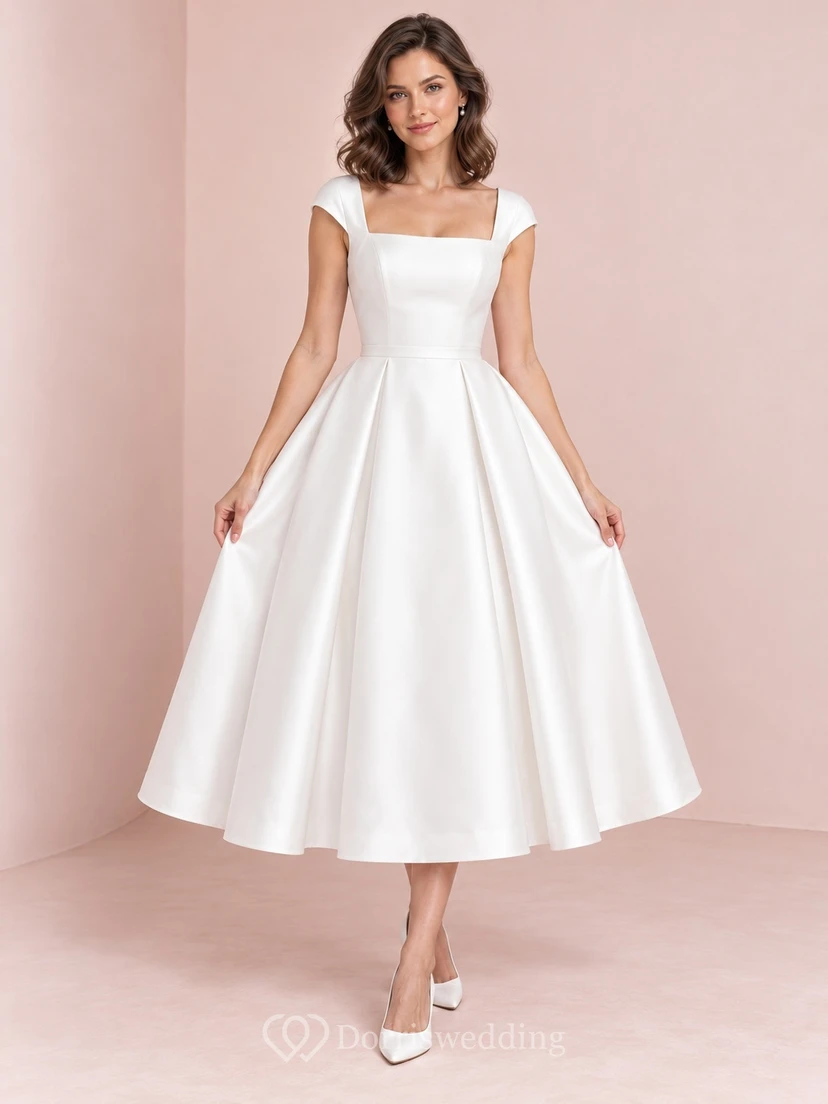 Tea-length Square Neck Cap Sleeve Satin Bow Back Bridal Dress