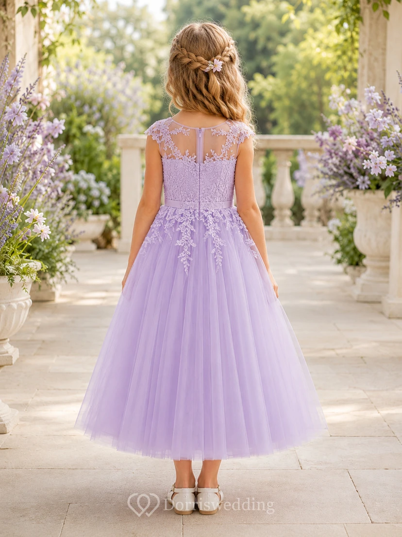 Pastel Tulle with Applique Bodice Lace A-Line Flower Girl Dress with Short Sleeves, Jewel Neck and Tea-Length Skirt view 2