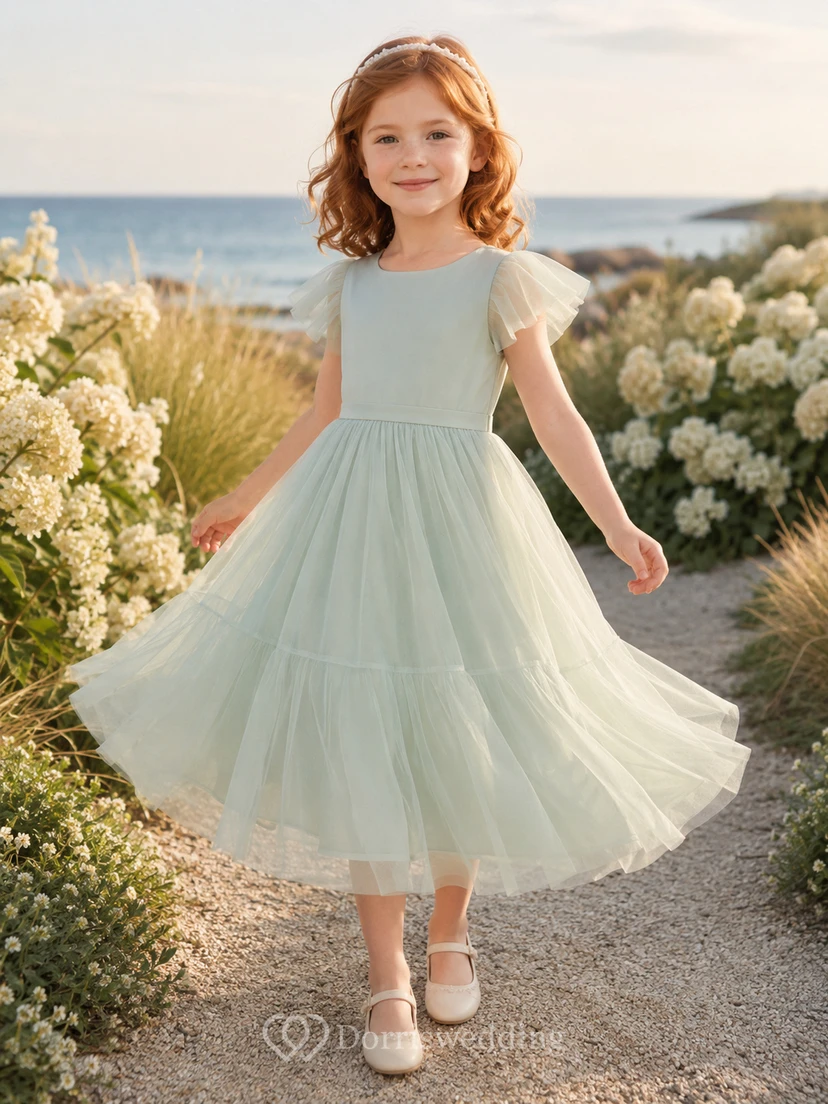 Blumenmädchenkleid mintgrün, Tüll, A-Linie, Volantärmel, Rundhalsausschnitt, Teelänge, Rüschenbesatz