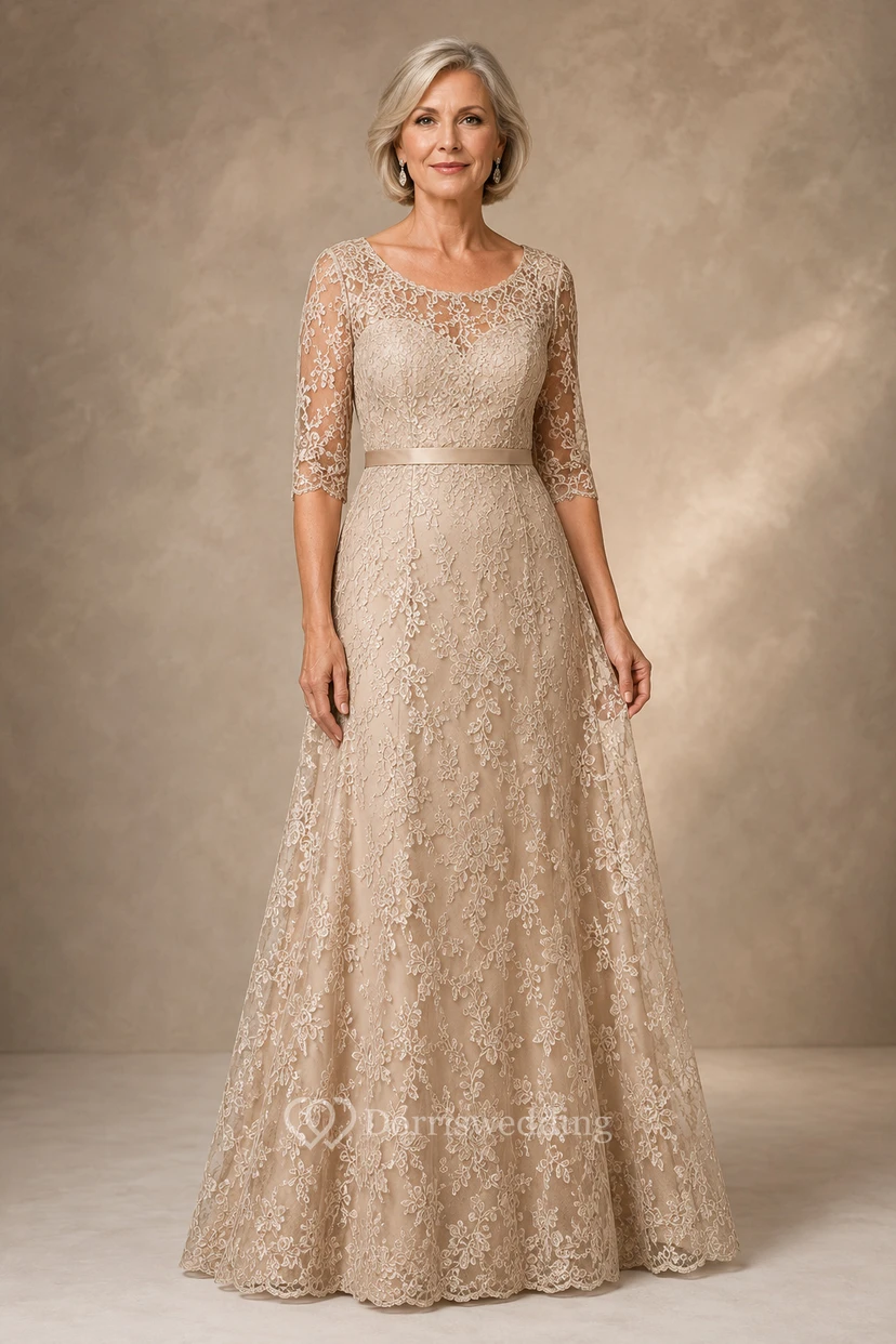 Champagnerfarbenes A-Linien-Kleid aus Spitze mit Dreiviertelärmeln für die Mutter