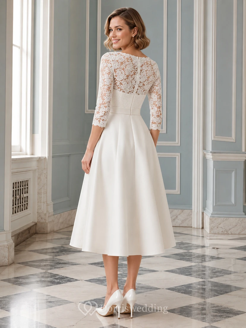 Affordable High Neck Lace Satin Wedding A Line Three Quarter Sleeve Tea Length view 2