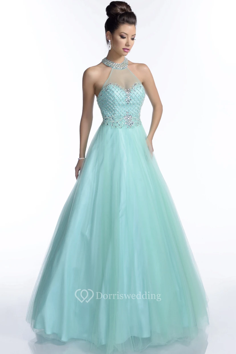 Halter Sleeveless A-Line Tulle Prom Dress With Illusion Back