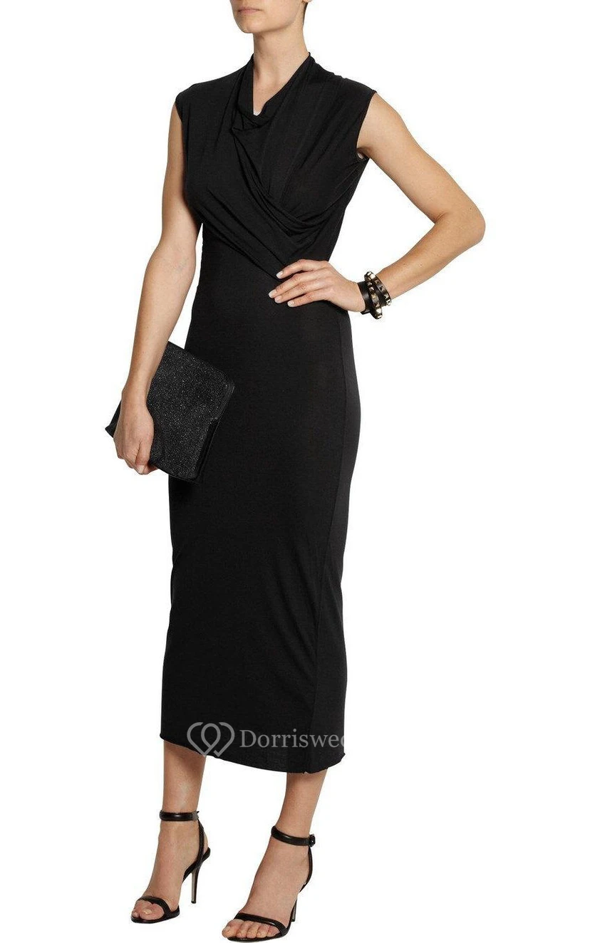 V Neck Cap Sleeve Sheath Jersey Tea Length Dress With Ruching view 2