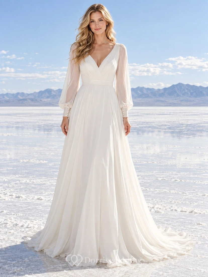 Vestido de novia sencillo de gasa lisa, corte en A, manga larga, escote en V y largo hasta el suelo