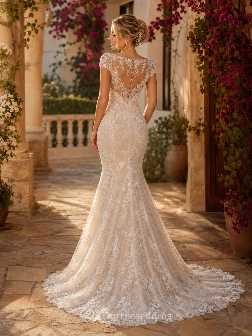 Robe de mariée sirène en dentelle à manches courtes et traîne festonnée view 2