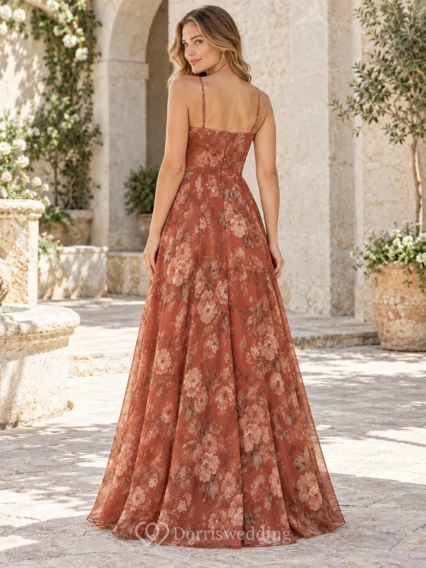 Papaya Terracotta Floral Print Square-Neck Sleeveless Side-Slit Floor-Length Chiffon Bridesmaid Dress view 2