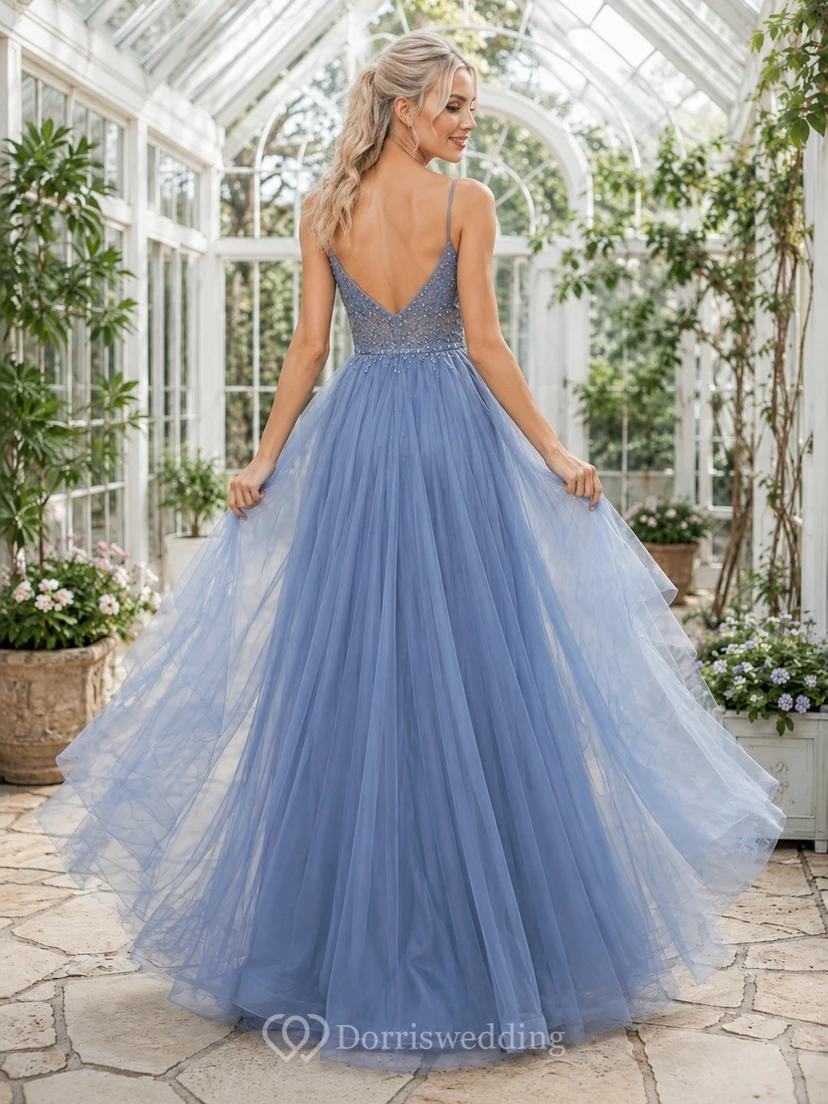 Vestido de gala sin mangas con escote en V y tirantes, de tul azul pizarra view 2