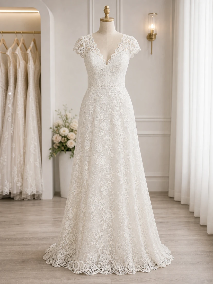 Vintage-Hochzeitskleid mit Spitze und Empire-Kappe in Elfenbeinweiß view 5