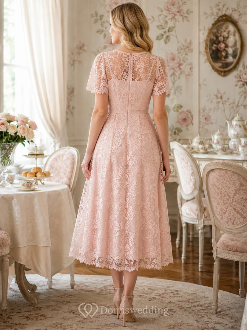 Blushing Pink Bridal Luncheon Short Sleeve Lace Tea Length A Line Dress view 2