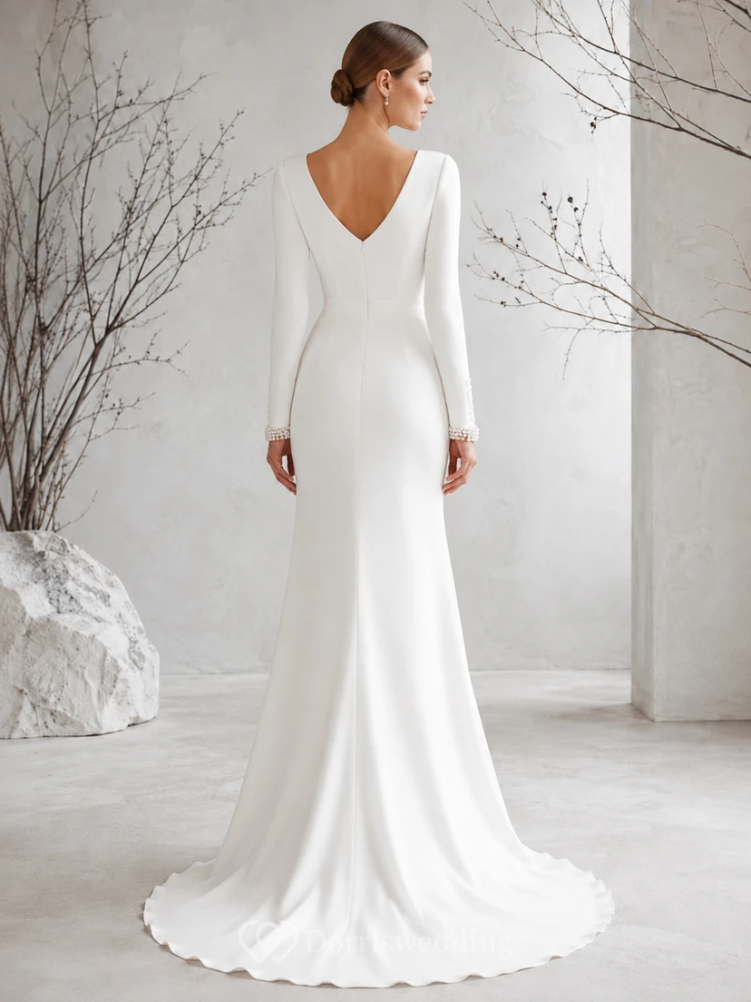 Minimal Bateau Neck Satin Wedding Sheath Long Sleeve Sweep Train Winter view 2
