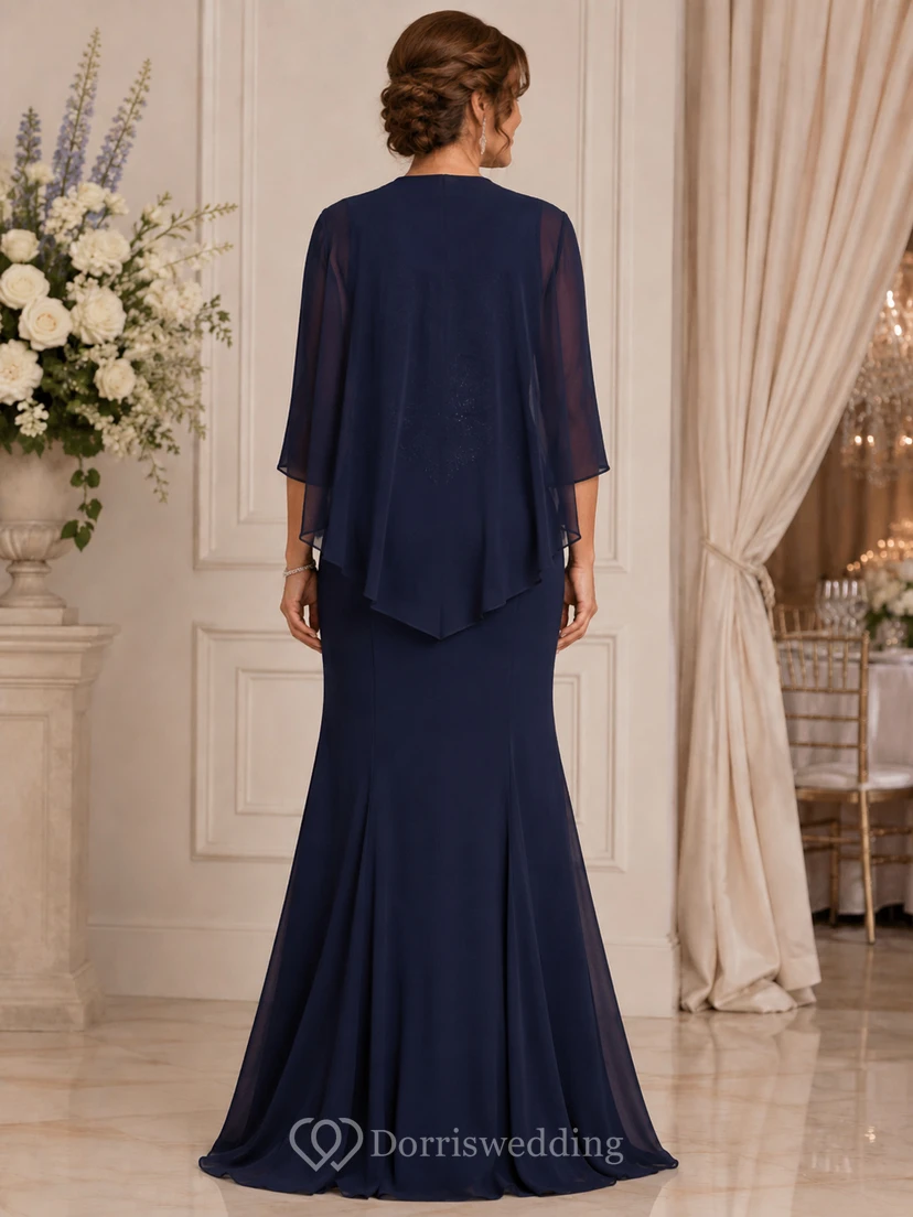 Dark Navy Chiffon Mermaid Mother Gown with Sheer Jacket view 2