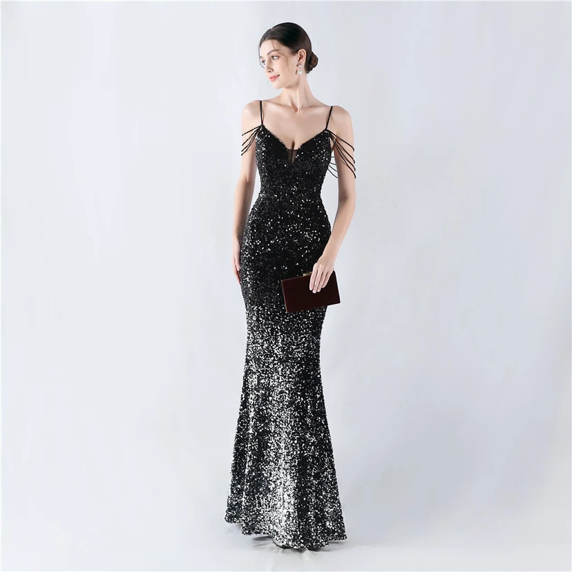 Velvet-Bottom Gradient Sequined Sexy Beaded Suspender Evening Dress view 34