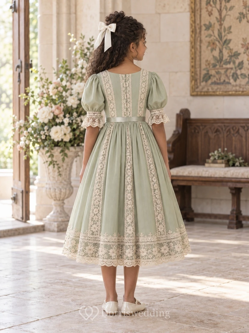 Tea-length Vintage Sage A-Line Lace Puff-Sleeve Inset-Panels Lace-Cuffs Flowergirl Dress view 2