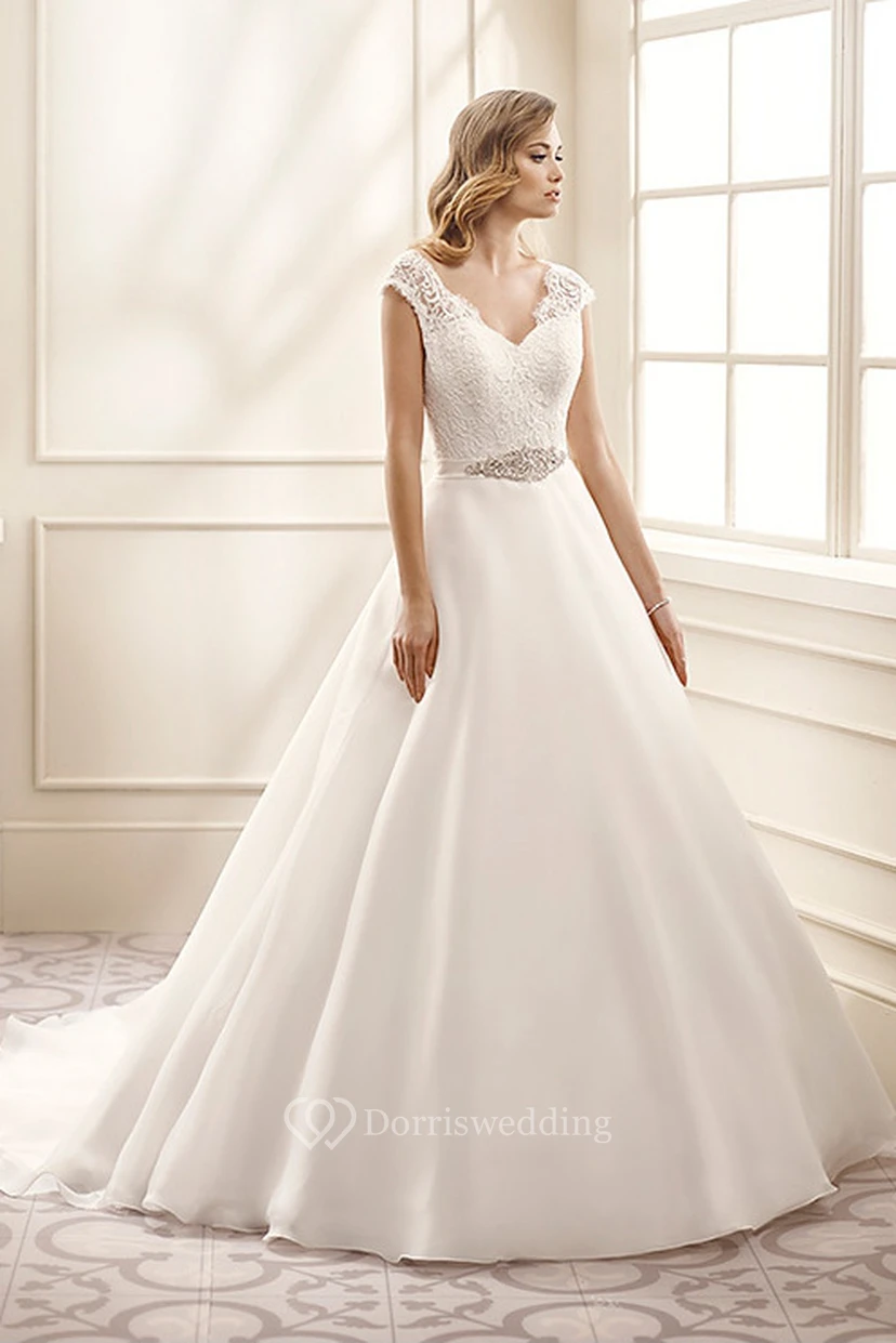 A-Line Cap-Sleeve V-Neck Jeweled Floor-Length Chiffon&Lace Wedding Dress With Appliques And V Back