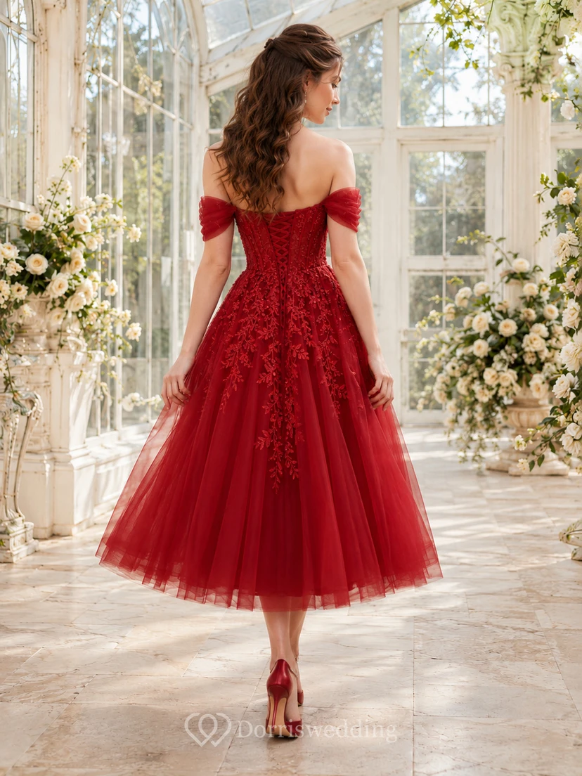 Red Off-Shoulder Lace Tulle A-Line Tea-Length Garden Wedding Dress view 2