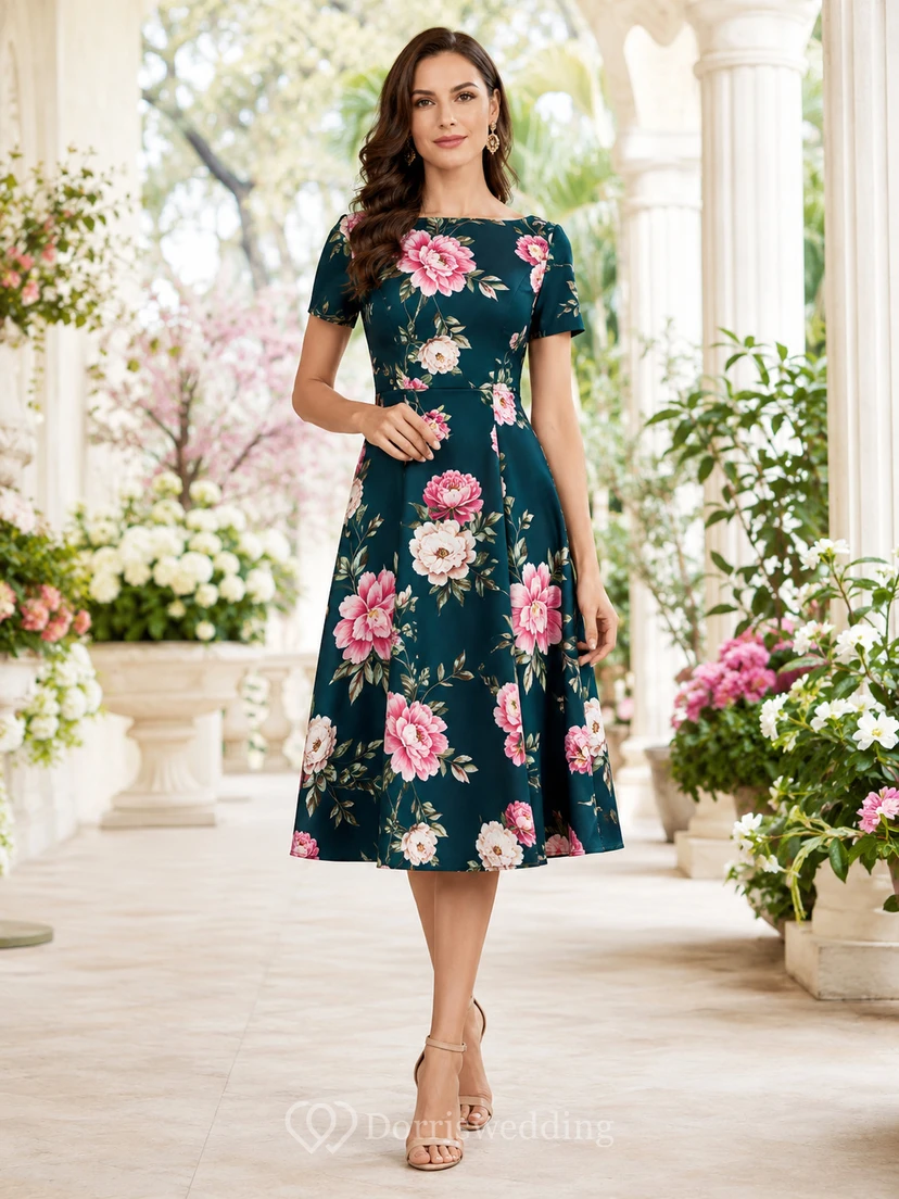 Teal floral short sleeve A-line botanical midi dress