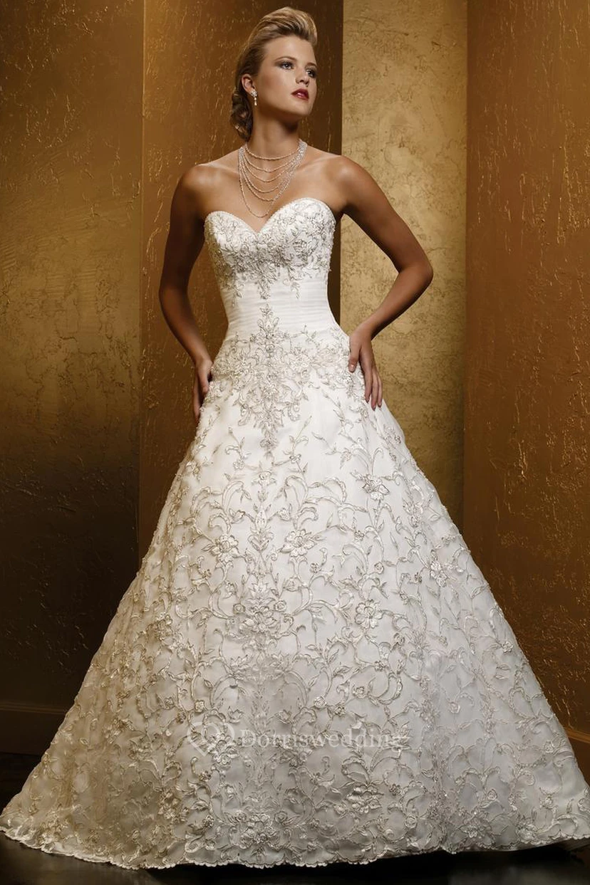 A-Line Sweetheart Long Satin Wedding Dress With Embroidery And Corset Back