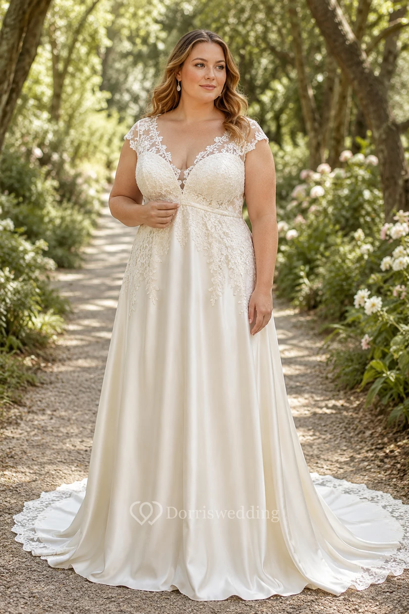 Vestido de novia de talla grande color marfil con escote en V, corpiño de encaje y falda de gasa.